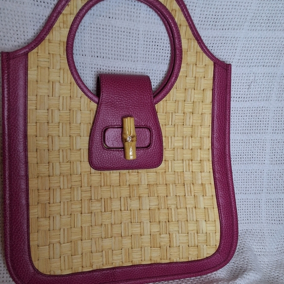 Elaine Turner pink leather & straw tote with bamboo toggle NWOT
